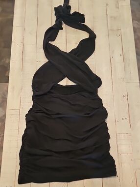 Black Cross Halter Ruched Mini Dress Like NEW